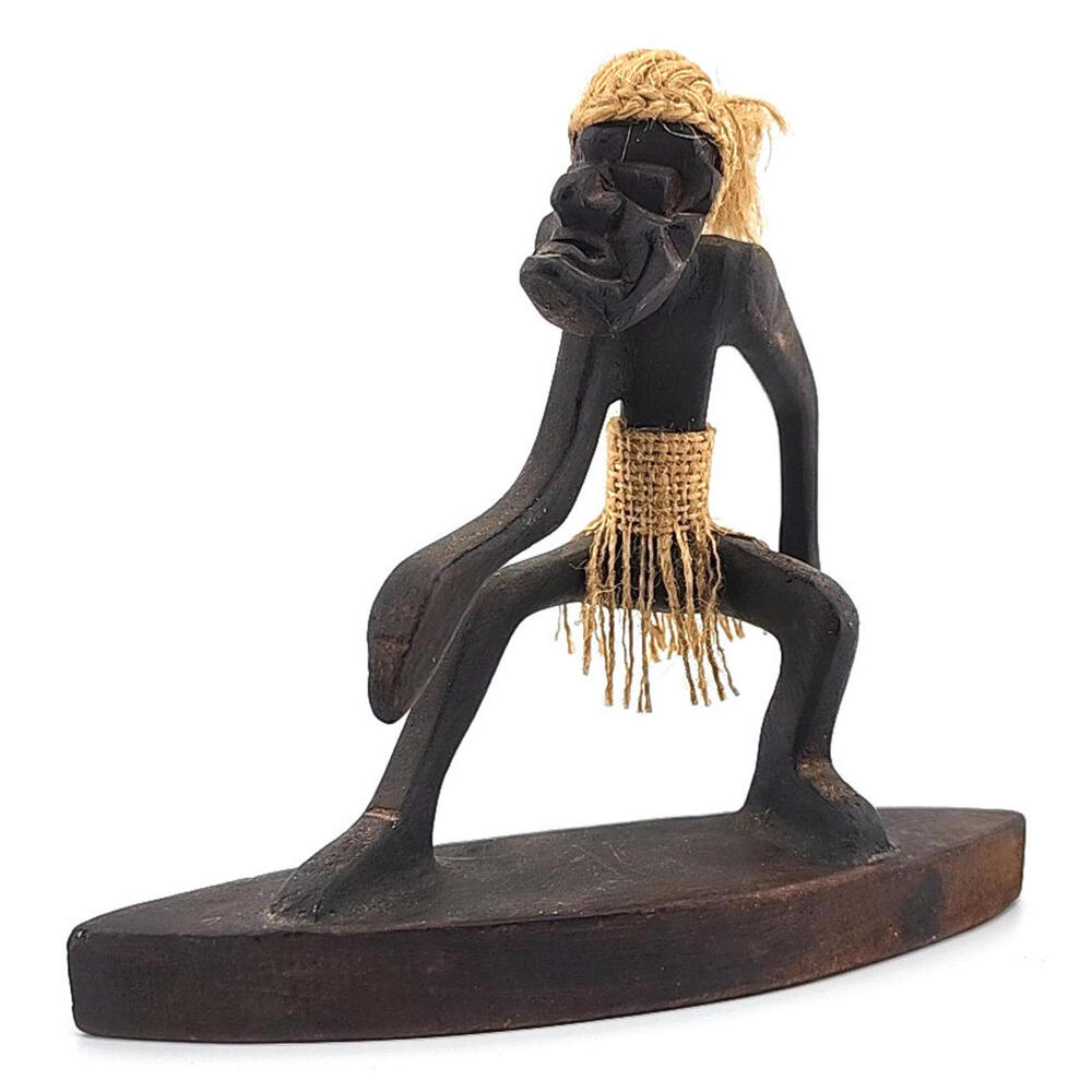 Vintage Hand Carved Wood & Jute Hawaii Tiki Tribesman Tribal Surfer Figurine